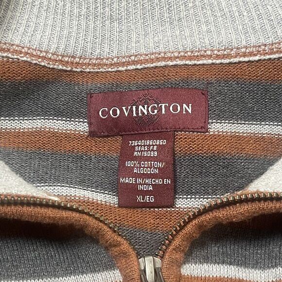 Covington Men’s‎ XL 100% Cotton Striped 1/4 Zip Sweater Gray Brown Orange Casual - Picture 5 of 7